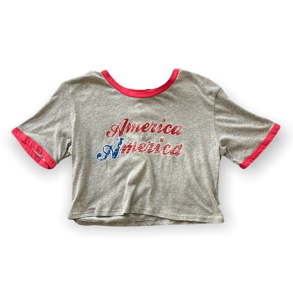 Emma + Sam America America Cropped Ringer Oversized Graphic Tee Grey Small - Picture 8 of 8